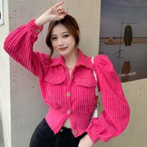 Corduroy shirt womens autumn winter 2020 new temperament versatile bubble sleeve short slim single breasted cardigan top