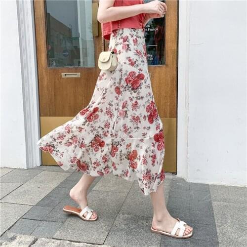 Women Skirt Vintage Floral Print High Waist Plus Size Chiffon Skirts Loose Casual Korean Streetwear Fashion Skirts