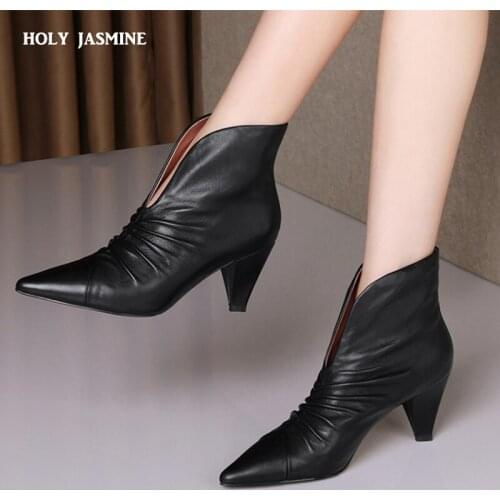 2020 New Natural Genuine Leather Boots Women Metal Pointed Toe Ladies Ankle Boots for Women Square Heels Spring Autumn Shoes