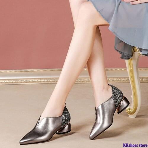 Spring&Fall New Womens Shoes Pointed toe Women Mid Heels Office Lady Casual Work Shoes Comfortable Slip on Female Black