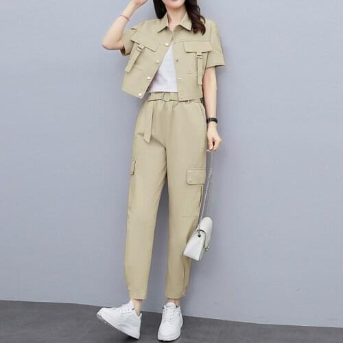 Women Short Tops Short-sleeve Coat Elastic Waist Streetwear Cargo Pants Suits Casual Female Trousers Sets Woman Two Piece Set