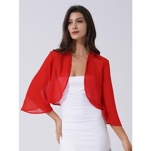 Women Elegant Chiffon Cardigan Wraps Shawls Wedding Evening Party 3/4 Flare Sleeve Solid Color Cape Bridal Dress Cover Up Jacket