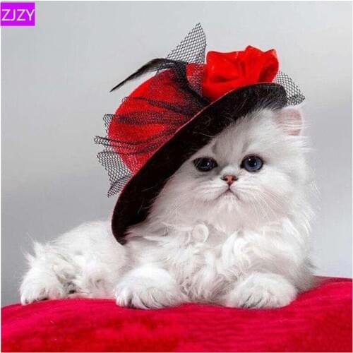 5D Diamond Painting White Cat With Red Hat Diamond Embroidery Cross Stitch Rhinestone Mosaic Painting Home Decoration Gifts