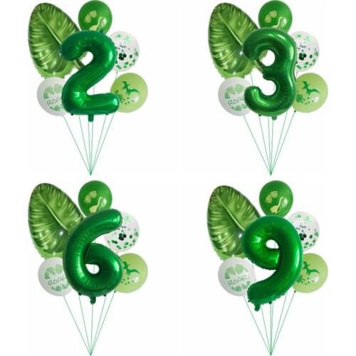 6pcs Green Turtle Leaf Dinosaur Sequin Latex Balloon Number 0-9 Foil Balloons Set Children Birthday Party Decorations Supplies