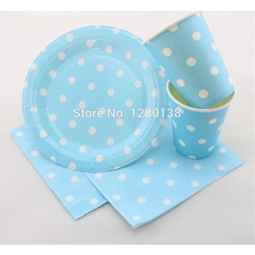 Free Shipping 300 Sets Party Tableware Polka dot Design, Event & Party Supplies Blue Paper Plates, Paper Cups, Paper Napkins