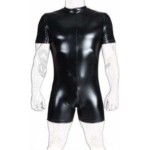 CFYH Mens Patent Leather Short Sleeves back Zipper One-piece Leotard Evening Party Bodysuit Bodystocking with Mesh Side
