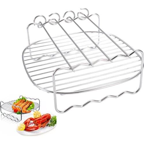 Stainless Steel Double Layer 4-Skewers Air Frying Pot Replacement Baking Tray Holder BBQ Grilling Rack for HD9232
