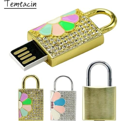 Pen Drive Golden Color Metal Lock USB Flash Drive 8GB 16GB 32GB 64GB 128GB 256G Pendrive Crystal Memory Stick Disk Storage Drive
