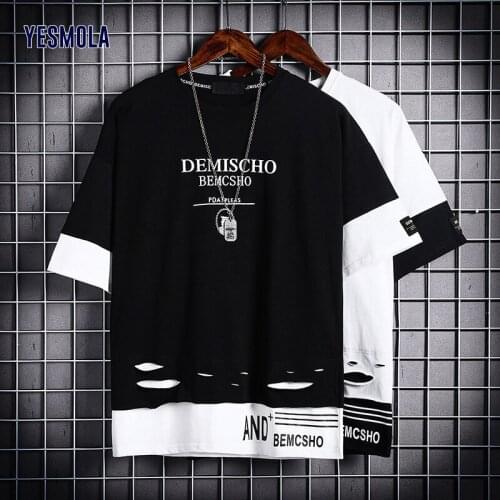 YESMOLA Summer Men Hip Hop Streetwear O-neck Fitness T-shirt Tee Shirt Homme Mens Short Sleeve T-shirt Slim Fit Hole T-shirt