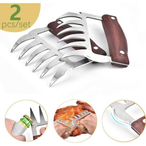 Stainless Steel Bear Claw Wooden Handle Meat Divided Tearing Flesh Barbecue Fork Multifunction Meat Shred Pork Clamp Bbq Tool