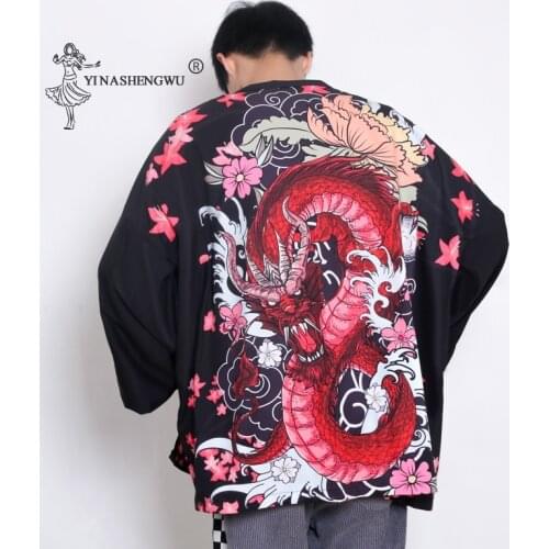 Vintage Cardigan Haori Japanese Traditional Style Kimono Streetwear Men Sun Protective Loose Yukata Dragon Print Fashion Blouse