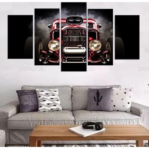 Canvas Painting Wall Art with Frame 5 pieces Red Front View Wheels Paintings Retro car Poster For Living Room Home Decor Pictrue