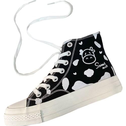 Korean Fashion Student Cartoon Cow Canvas Shoes Spring Autumn High-top Flat Student Sneaker Lace-up Casual Vulcanized Shoes