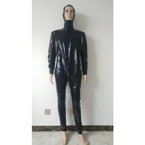 Adults jumpsuit Shiny Metallic Catsuit Leotard back double Zipper with removable hood