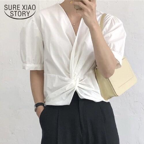 Korean Fashion Summer Puff Short Sleeved Shirt Women Tops V Neck Solid Cross Woman Blouses Casual Loose Female Blouse New 14092