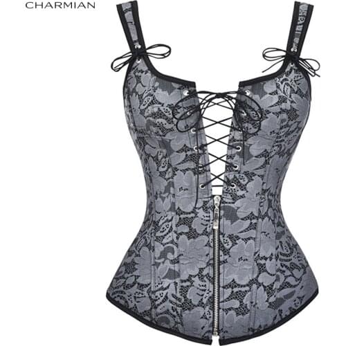 Charmian Sexy Steampunk Floral Jacquard Zipper Overbust Corset Wide Straps Lace Up Back Bustier Vest Vintage Corselet for Women