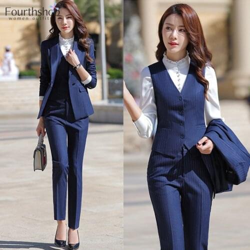 Elegant 3 Pieces Set Women Striped Formal Pant Suits for Office Lady Business Work Uniform Jacket Waistcoat Trousers Plus Size