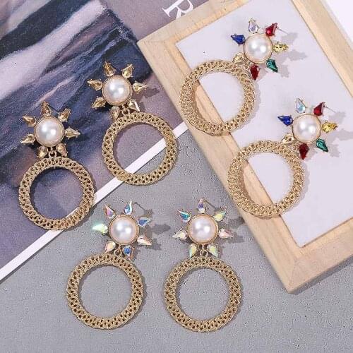Fashion Female Sun Shape Rhinestone Pearl Drop Earrings For Women Simple Gold Color Metal Round Circle Dangle Earring Jewelry