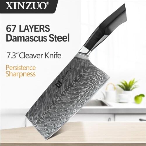 XINZUO 7.3" inch Cleaver Meat Knives Damascus Steel High Quality Slicing Knife High Quality Black G10+Mosaic Brass Rivet Handle
