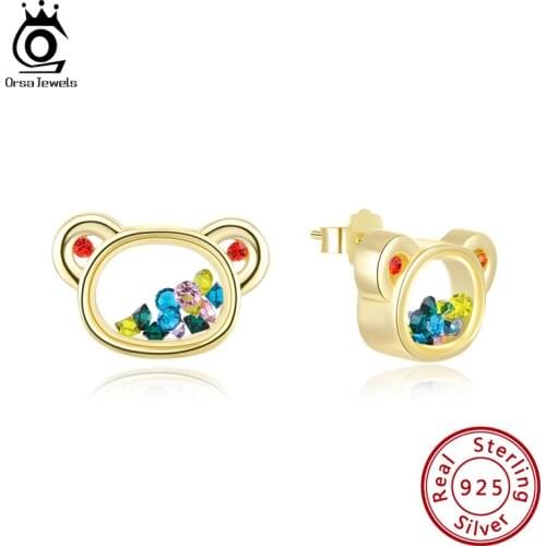 ORSA JEWELRS 925 Sterling Silver Stud Earrings Colorful Movable CZ Cute Bear Charms For Women Girls Valentines Day Gift EQE30