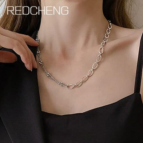 REDCHENG 925 Sterling Silver Bead Chain Necklaces for Women INS Fashion Creative Chic Splicing Geometric Party Fine Jewelry Gift
