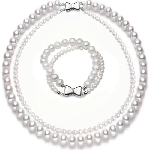 Luxury High Luster Freshwater Double Pearl Necklace Bracelet Set Wedding Fine Jewelry,Wedding White Natural Pearl Jewelry Set