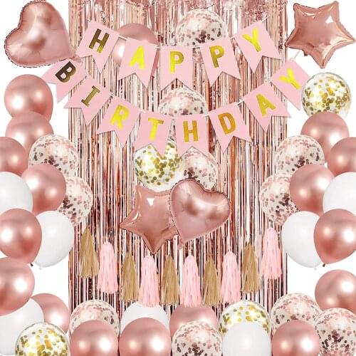 Rose Gold Birthday Party Decoration, Happy Birthday Banner,Confetti Balloons Party Foil curtain paper tassel Girl Womens Party