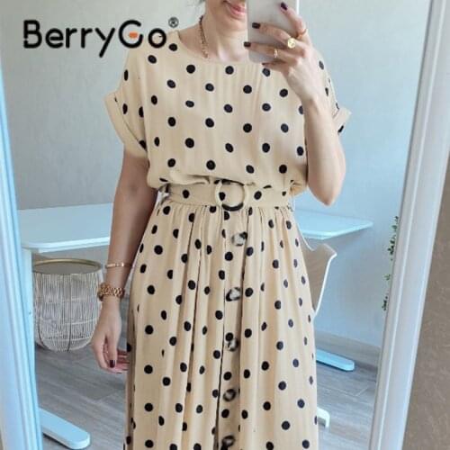 BerryGo Casual High Waist Bat Sleeve Dress with Belt Elegant Polka Dot Print O-neck Women Dress Summer 2021 Office Lady Vestidos