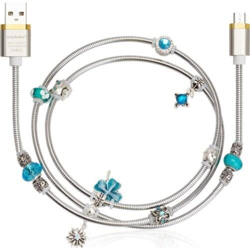 Blue) ANGIBABE wire spring USB Cable 2A 1M DIY inlay Diamond Fast Charging Data Cable for Android