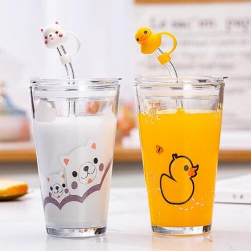 1 Set Glass Cup Cartoon Design Creative Straw Cup wth Lid Cups with straw Water Drinking Cup Tumblers Cup Straw Mug Drinkware