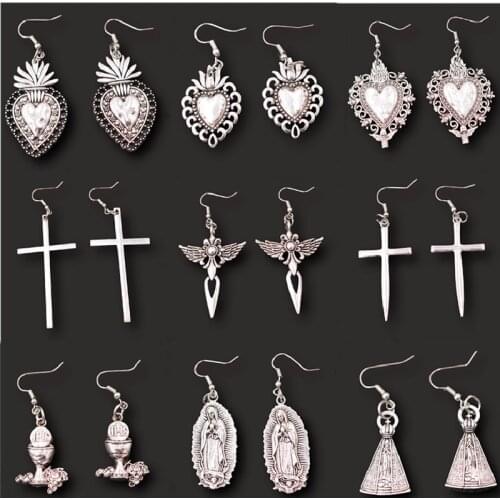 Vintage For Woman Catholic Cross & Virgin Mary Tag Metal Ear Hook Earrings DIY Charms Christian Jewelry Crafts Findings A2211