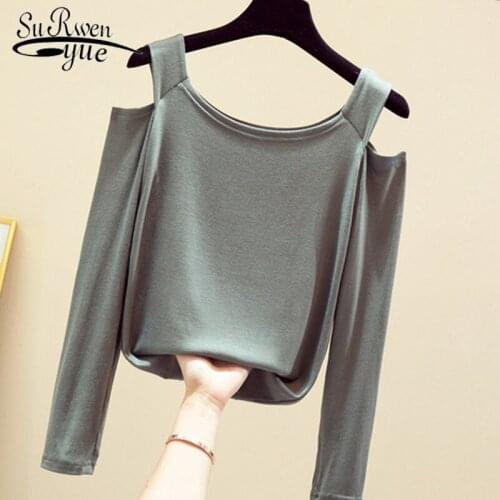 Long Sleeve Shirt Women Cotton Tshirt Women Fall 2021 T-shirt Chic Straight Slash Neck Office Lady Clothes New Arrival 10484