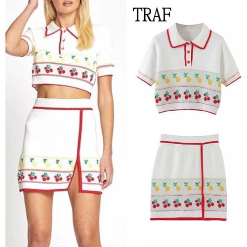 TRAF Za Women 2 Piece Set Short Print Knitted Women Pulovers + High-Waisted Mini Skirt Women Chic Korean Fashion Sweater Set
