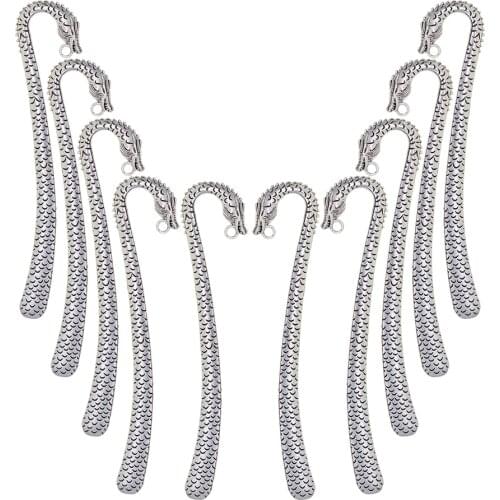 10pc Silver Metal Bookmark Hairpin Hook Carved Antique Vintage With Pendant Jewellery Making Scaled Dragon Plain Embossed