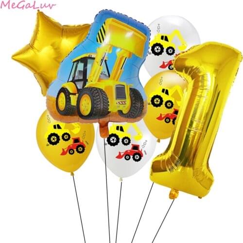 13pcs Excavator Vehicle Foil Ballon Construction Tractor Cake Topper Table Decor Baby Shower Kids Boys Birthday Party Supplies