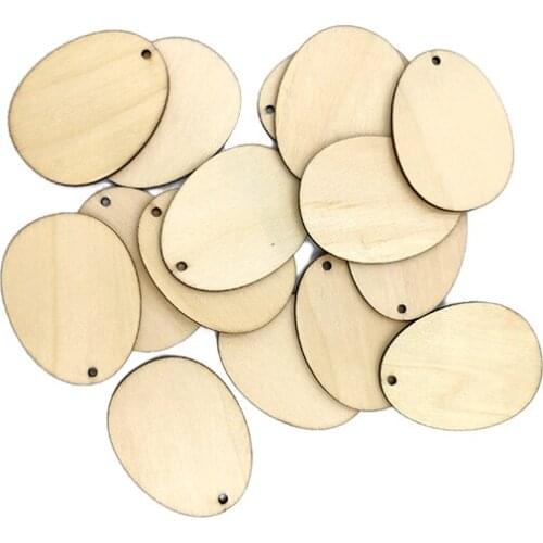 20pcs 60mm Easter Wooden Embellishments Easter Wood Egg Wood Cutouts Wood Egg Ornament with Hanging Cords for Easter Party