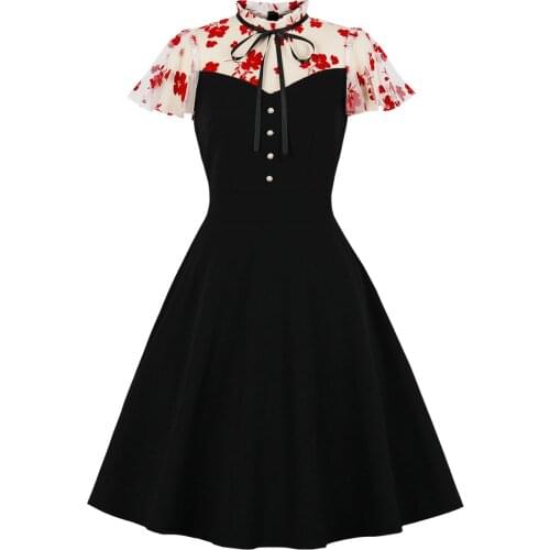 2021 Patchwork Embroidery Women Party Dress 40s 50s 60s Button Bust A Line Black Pinup Gothic Sundress Office Tunic Midi Dresses