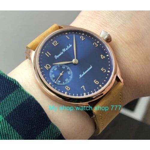 44mm PARNIS blue dial asian 6498 Mechanical Hand Wind movement 316L Stainless steel case pilot mens watch pa85-p8