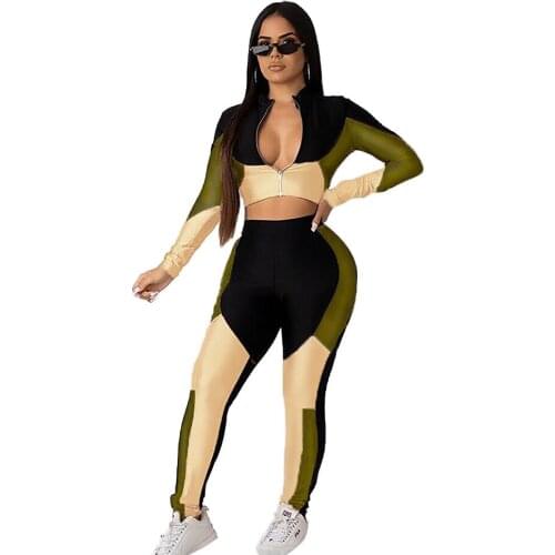 Adogirl Color Patchwork Fashion Casual Two Piece Set Women Tracksuit Zipper Long Sleeve Crop Top Pencil Pants Fitness Suits