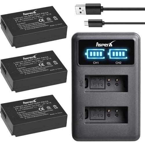 3Pcs LP-E12 LPE12 LP E12 Camera Batteries + LED USB Dual Charger for Canon EOS 100D M10 M50 M100 Kiss X7 Rebel SL1 DSLR Camera
