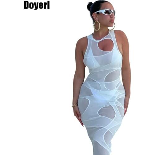 White Mesh Sheer Bodycon Bandage Dress Women Summer Dress 2021 Night Club Outfits for Women See Through Midi Sexy Party Dress