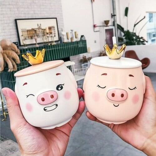 Girl Pink White Pig Ceramic Mugs With Crown Lid Spoon 450ml Cute Cartoon Breakfast Milk Cup Kawaii Drinking Coffee Tea Water Mug