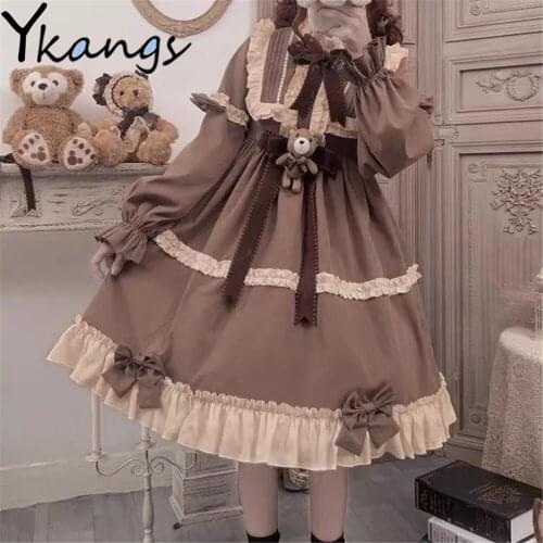 Japanese Style Tea Party Sweet Bow Little Bear Elegant Vintage Clothing Lolita Ruffles Kawaii Gorgeous Splicing Dress Autumn New