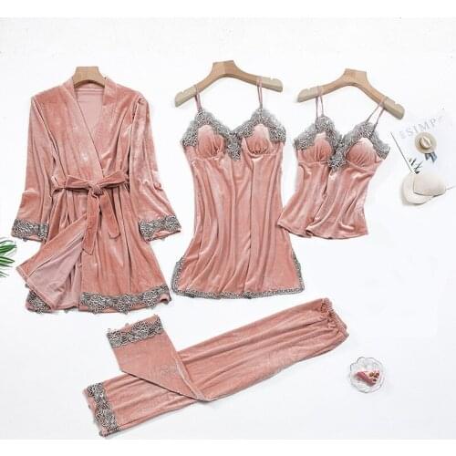Robe Set Autumn Winter 2020 New Gold Velvet Pajamas Sexy 4-Piece Set With Chest Pad Ladies Home Service Pajamas Set
