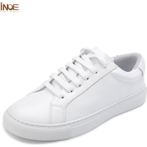 INOE Classic Genuine Leather Women Shoes Spring Casual Sneakers Driving Cars Autumn Leisure Shoes Woman for Walking Flats White
