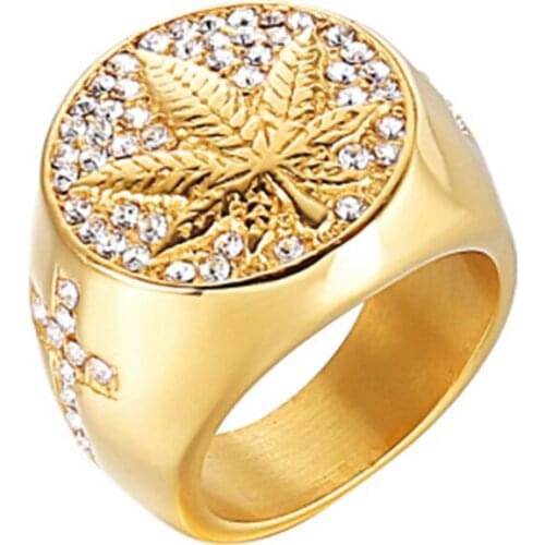 Hip hop Fashion Leaf Zircon Stainless Steel Iced Out Gold Ring Colored Micro-Set Men’s Gift Jewelry Ring Male Big Size 8-12