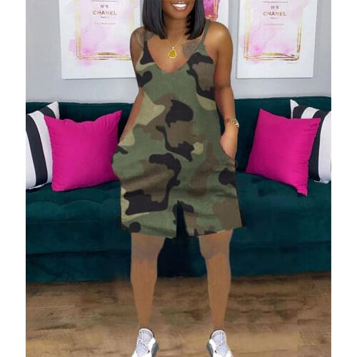 Women Strap V Neck Loose Camouflage Pocket Summer Casual Female Lady Clothing One Piece Romper Jumpsuit Playsuits Shorts Pants