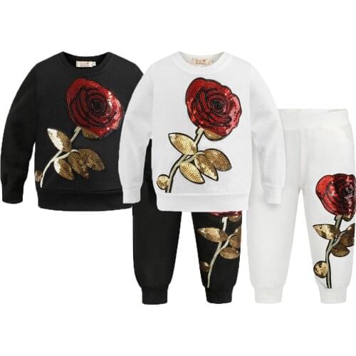 Sequin Rose Girls Clothing Set Autumn Full Sleeve Clothes Suit For Girls Cotton Shirt + Pants 2Pcs Birthday Present Kids Clothes