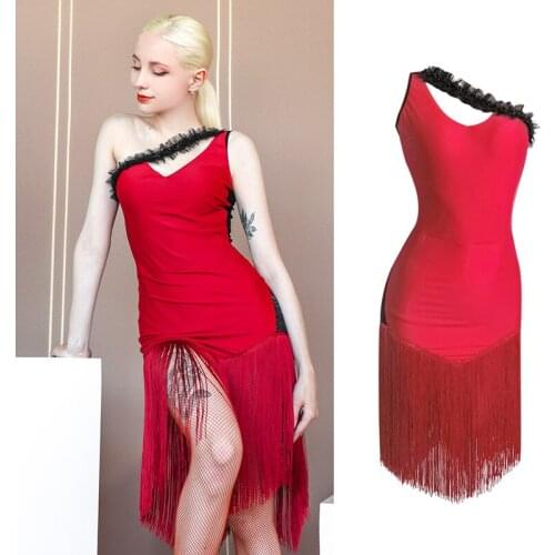 Oblique Shoulder Latin Dance Performance Costume Lace Up Tassel Tango Salsa Dancing Dress Sleeveless Competition Clothes VDB3957