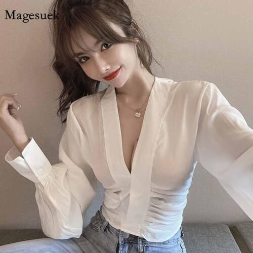 Fashion Pleated Short Spring Autumn Slim Blouse Women Black Tops Sexy V-neck Low Neckline Long Lantern Sleeve White Shirt 12332